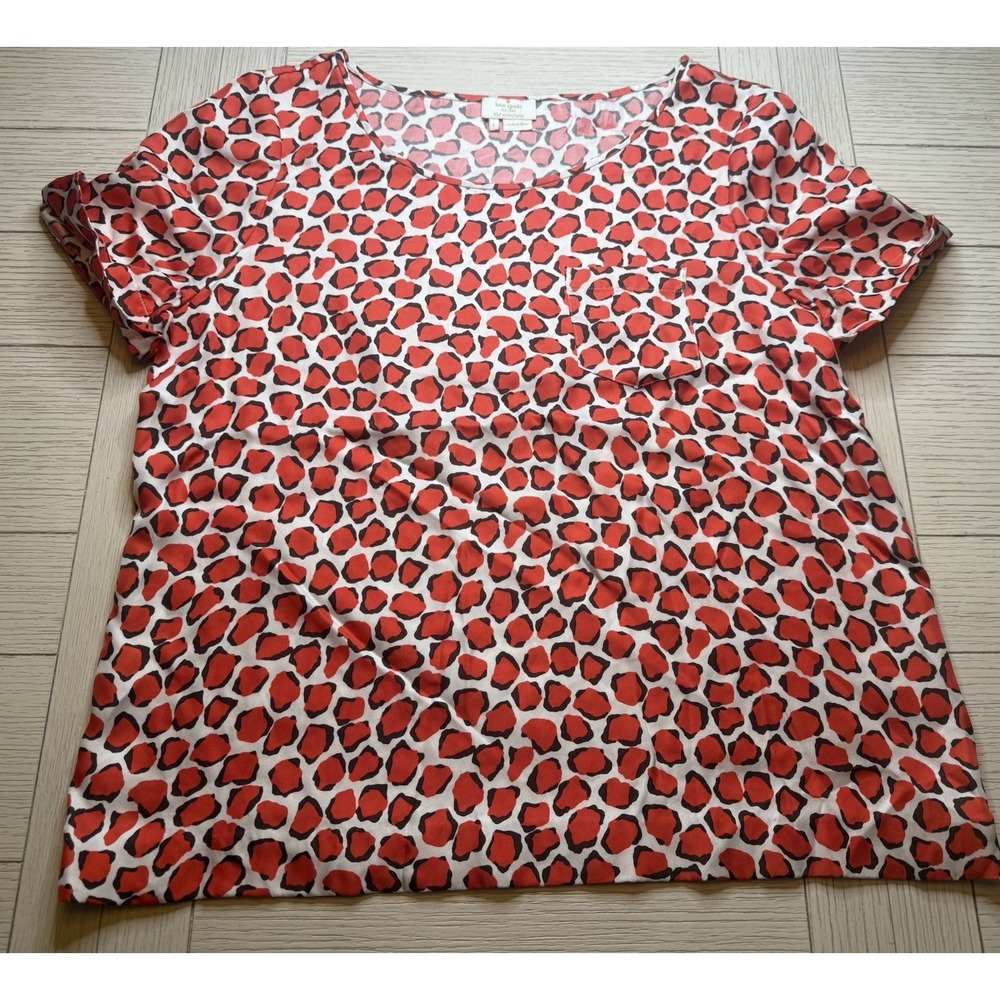 KATE SPADE Sz L 100% Silk Orange Animal Print‎ Short Sleeve Blouse Top W/ Pocket